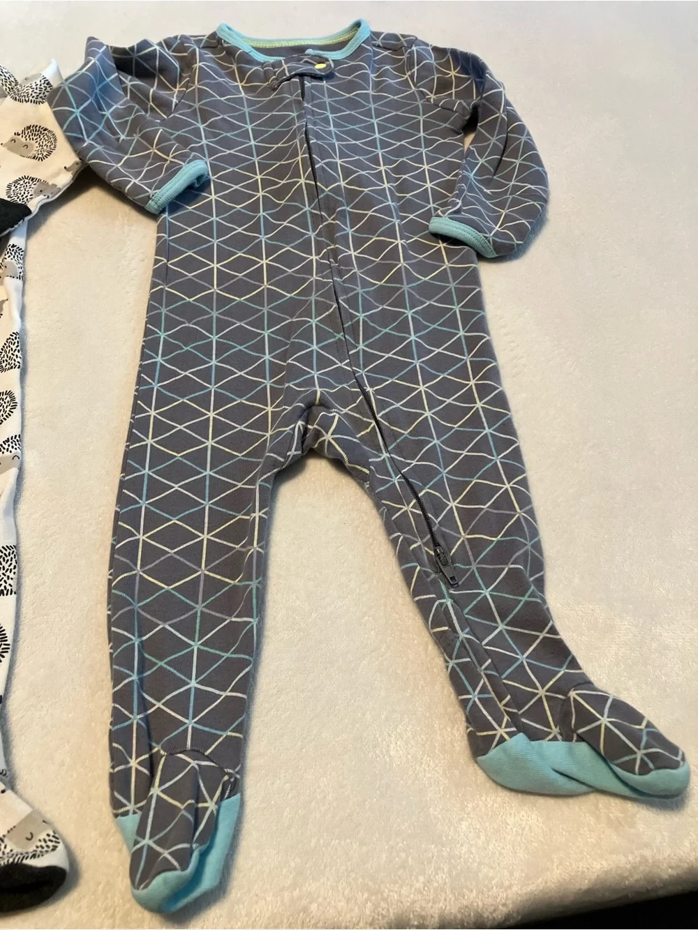 Neutral Hedgehog & Geo Print Footed One-Piece Pajamas - Gray, White